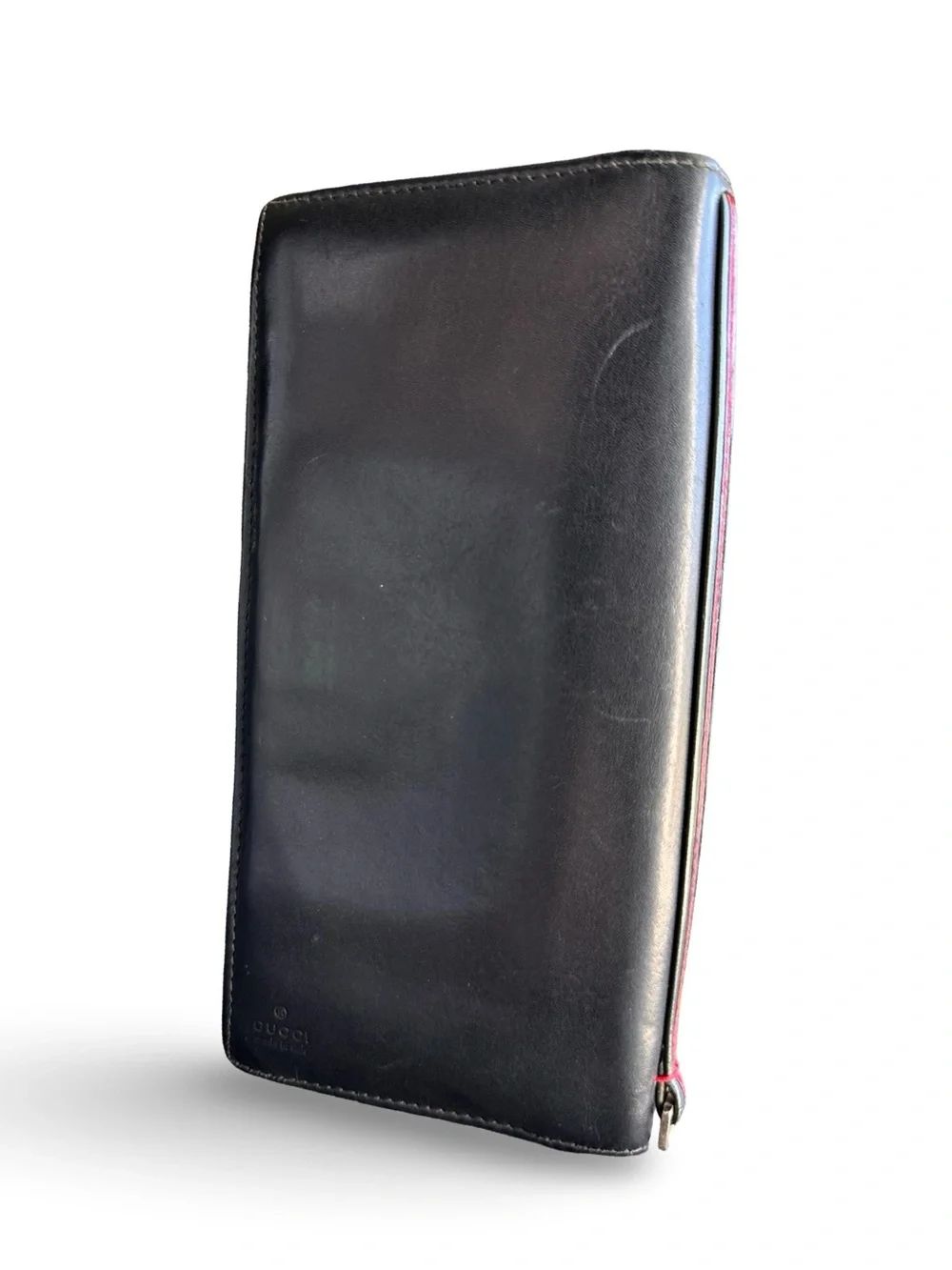 Gucci Smooth Black Leather Vertical Long Wallet with Sherry Web Stripe Edge Acce
